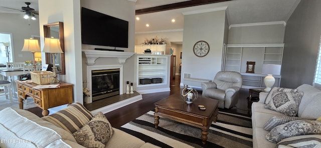 353 Southshore Dr, Greenback, TN 37742 - living room featuring a ceiling fan, crown molding, wood finished floors, a glass covered fireplace, and built in features