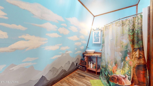 interior space featuring ornamental molding, a shower with curtain, vanity, and wood finished floors