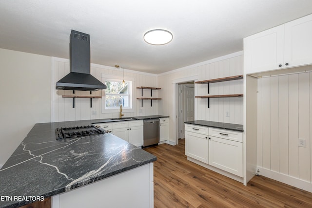 kitchen featuring dishwasher, wood finished floors, extractor fan, open shelves, and a sink