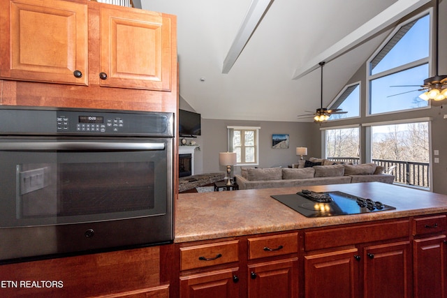 kitchen featuring lofted ceiling, a glass covered fireplace, stainless steel oven, and black electric stovetop