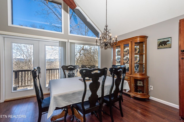 dining area with a healthy amount of sunlight, an inviting chandelier, baseboards, and dark wood finished floors