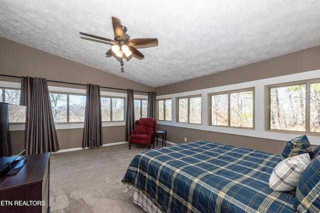 carpeted bedroom featuring multiple windows, vaulted ceiling, a textured ceiling, and baseboards