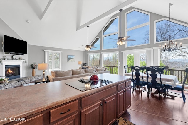 2201 Applewood Rd, Pigeon Forge, TN 37862 - kitchen featuring black electric cooktop, open floor plan, plenty of natural light, and dark wood-style floors