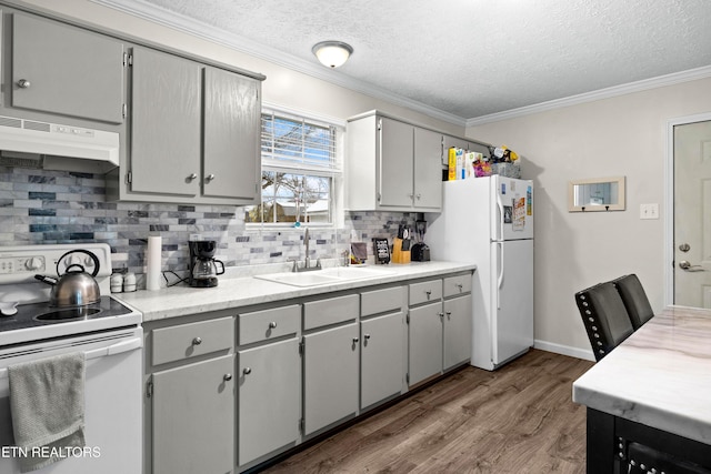 kitchen featuring under cabinet range hood, white appliances, a sink, and gray cabinetry