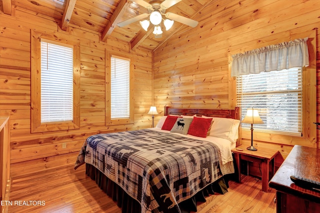 bedroom featuring lofted ceiling with beams, wood ceiling, light wood-style flooring, wood walls, and multiple windows