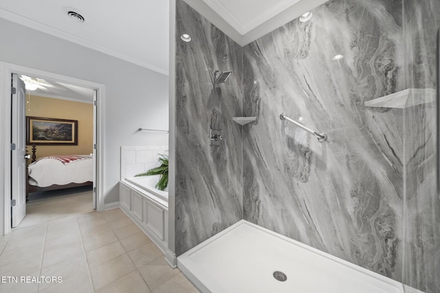 ensuite bathroom with a marble finish shower, visible vents, ornamental molding, connected bathroom, and tile patterned flooring