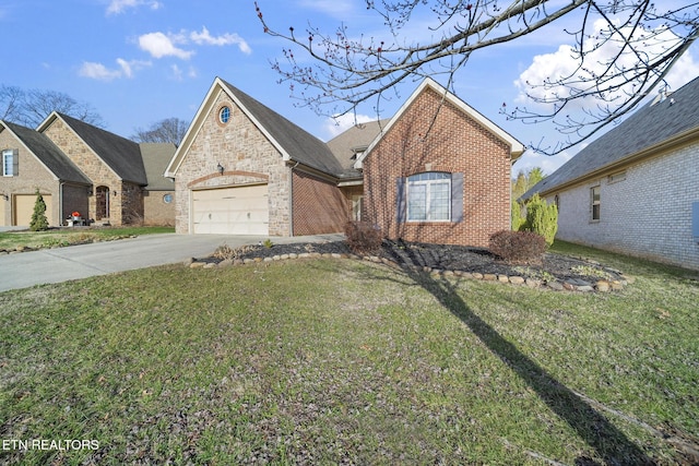 view of front facade with concrete driveway, brick siding, a front lawn, and an attached garage