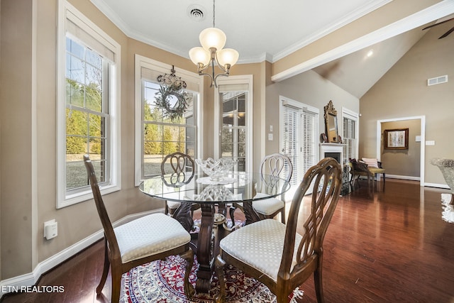 dining area featuring lofted ceiling, a fireplace, visible vents, baseboards, and dark wood finished floors