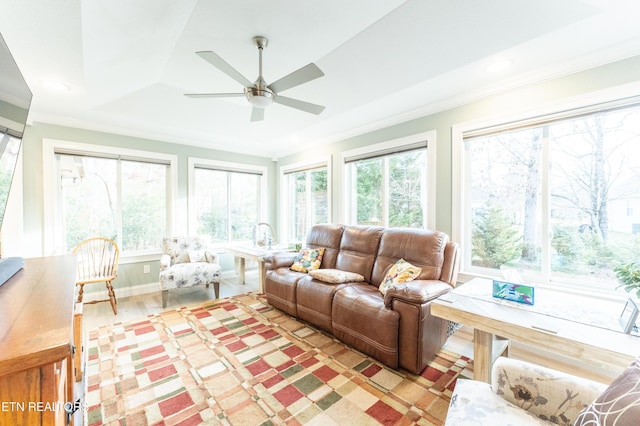 sunroom with a raised ceiling and a ceiling fan