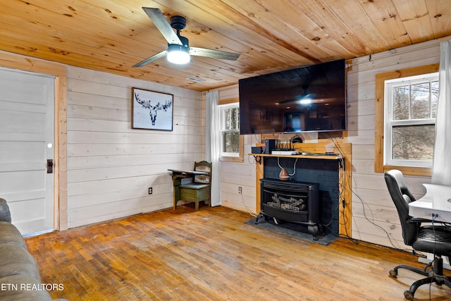 office area featuring ceiling fan, wood walls, light wood-type flooring, and wood ceiling