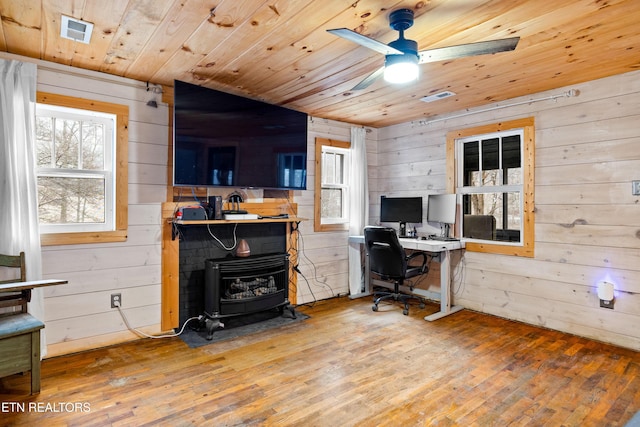 office with wooden ceiling, wooden walls, visible vents, and wood finished floors