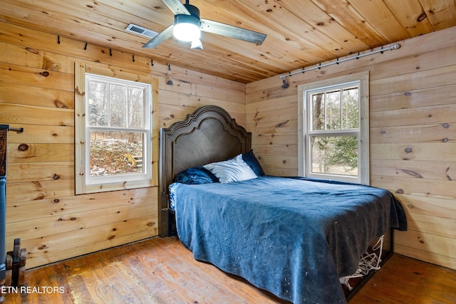 bedroom with wooden ceiling, wooden walls, visible vents, and wood finished floors