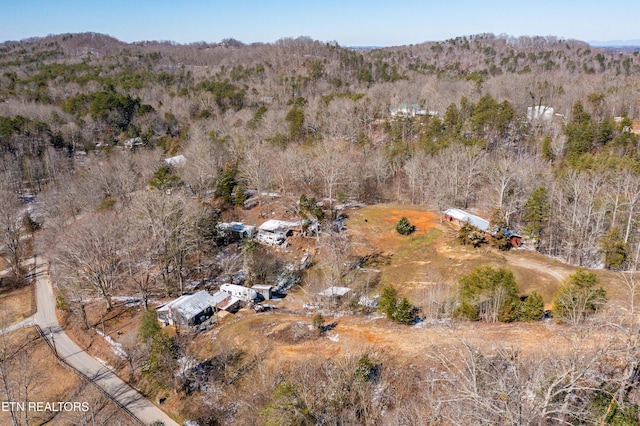 bird's eye view with a mountain view and a view of trees