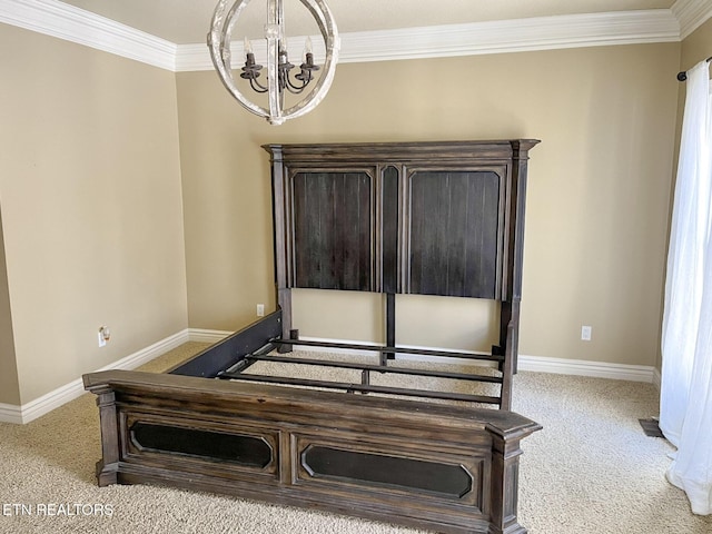 bedroom featuring light carpet, an inviting chandelier, baseboards, and crown molding