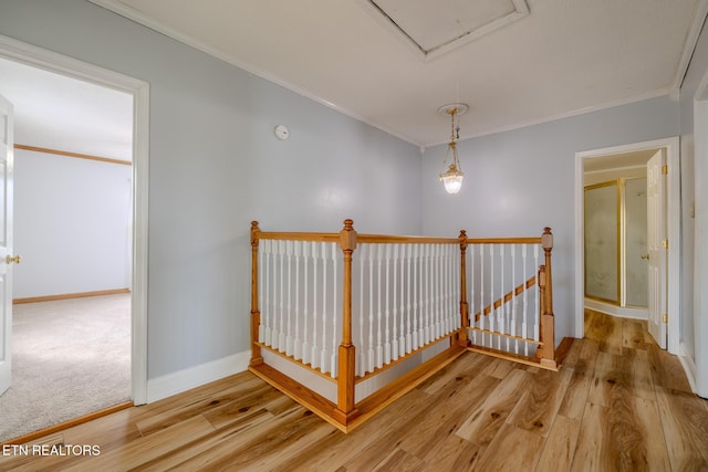 825 E 2nd N St, Morristown, TN 37814 - hallway with attic access, light wood-type flooring, crown molding, and an upstairs landing