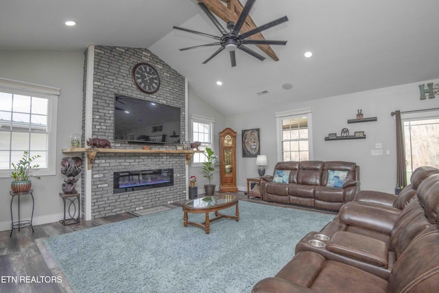 living area with recessed lighting, dark wood-style flooring, a fireplace, baseboards, and vaulted ceiling