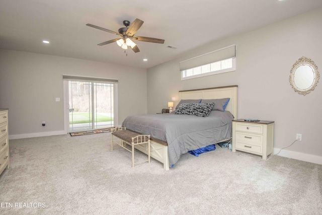 bedroom with baseboards, recessed lighting, visible vents, and light colored carpet