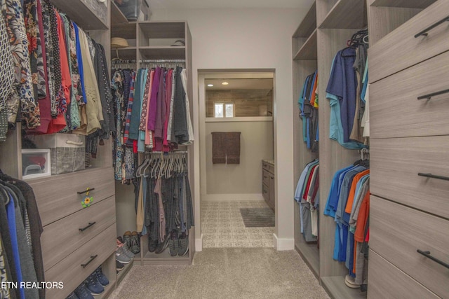 walk in closet featuring light carpet