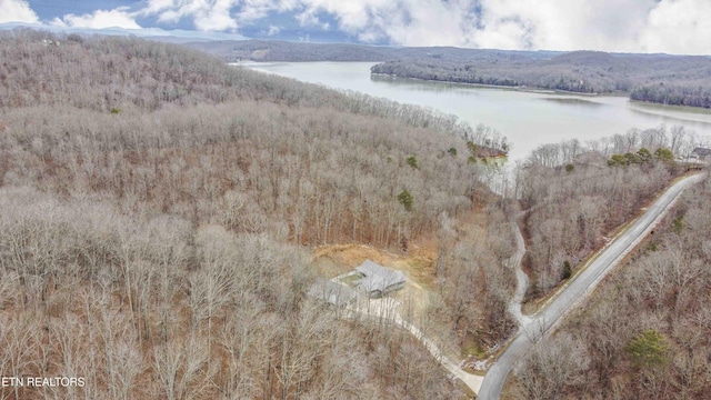 aerial view with a water view and a wooded view