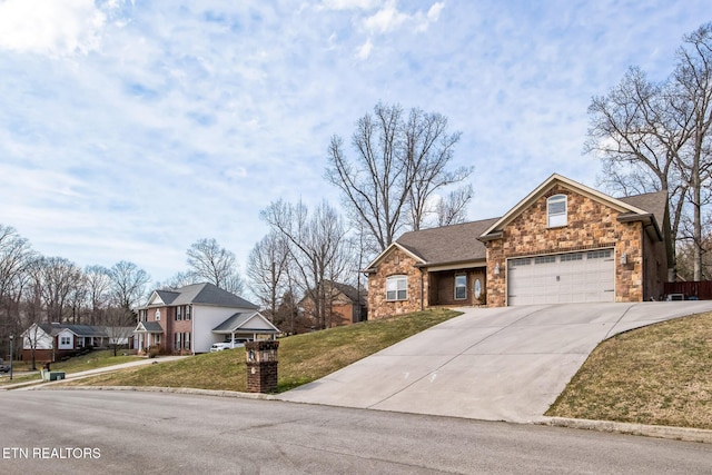 view of front of property with brick siding, roof with shingles, an attached garage, a front yard, and driveway