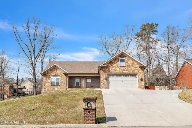 view of front facade featuring driveway, stone siding, roof with shingles, an attached garage, and a front lawn