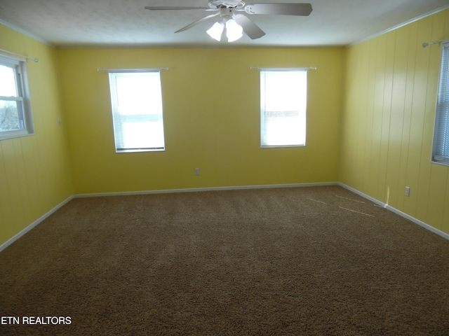 unfurnished room featuring carpet floors, a wealth of natural light, and a ceiling fan