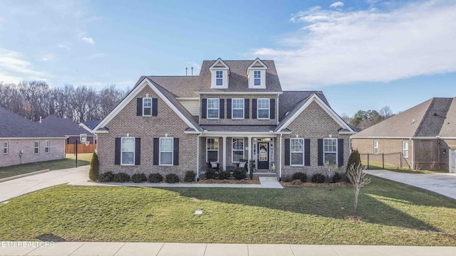 view of front of home featuring brick siding, a front yard, and fence