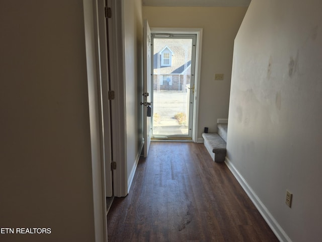 doorway to outside featuring dark wood-type flooring, a wealth of natural light, and baseboards