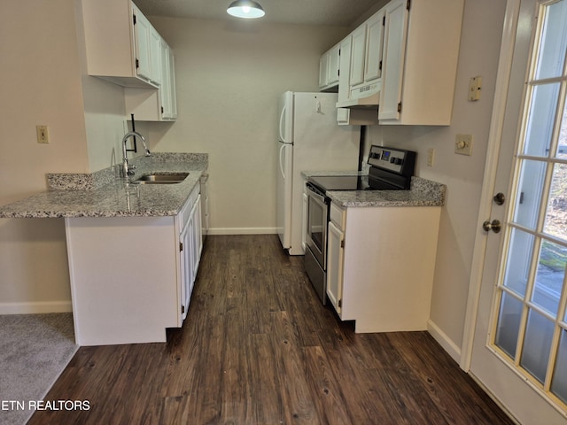 kitchen with stainless steel electric range, a sink, dark wood finished floors, and white cabinets