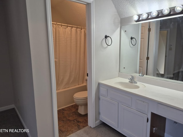 bathroom featuring a textured ceiling, toilet, shower / bath combination with curtain, and vanity