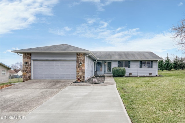 ranch-style house with a garage, a front yard, stone siding, and driveway