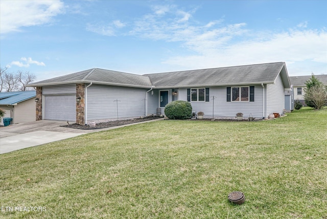 ranch-style home with stone siding, a front yard, concrete driveway, and an attached garage