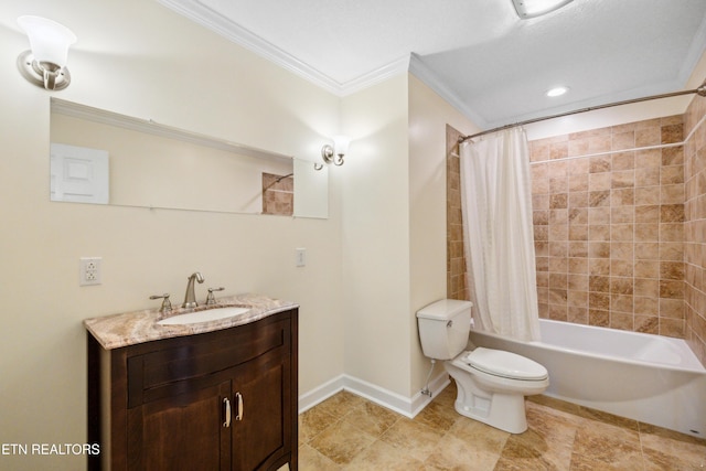 full bath with shower / bathtub combination with curtain, toilet, ornamental molding, vanity, and baseboards