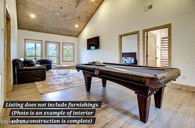 recreation room featuring wood ceiling, high vaulted ceiling, visible vents, and light wood-style floors