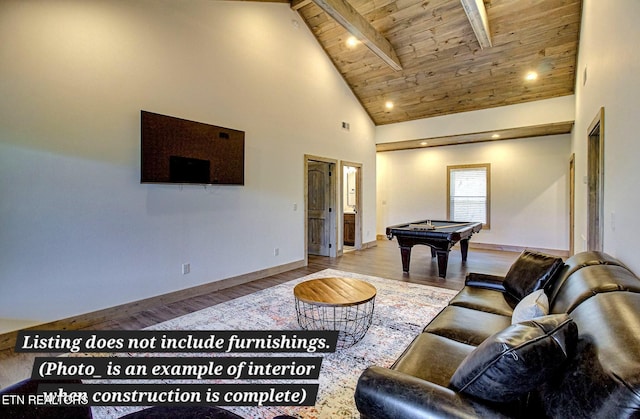 living area with beamed ceiling, light wood-style flooring, wood ceiling, high vaulted ceiling, and billiards