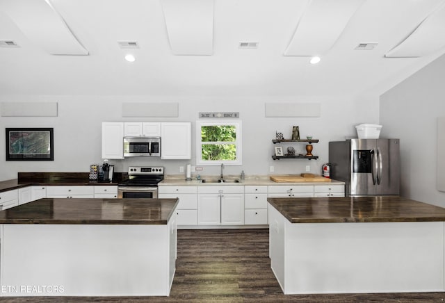 kitchen with a sink, appliances with stainless steel finishes, butcher block counters, and a kitchen island