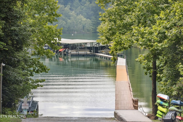 view of swimming pool with a boat dock and a water view