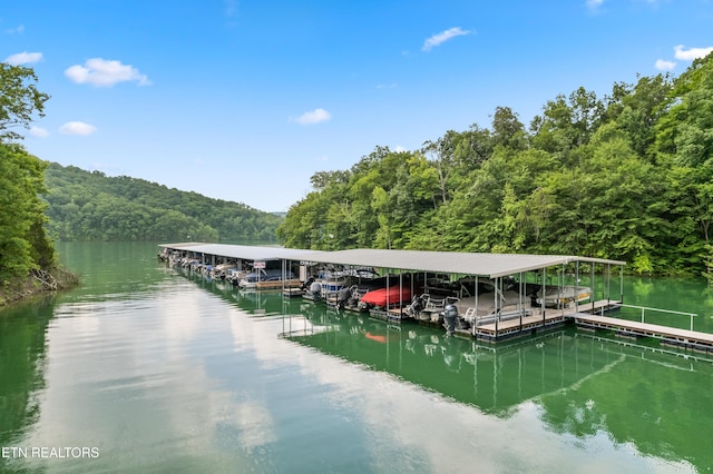 view of dock featuring a water view and a forest view