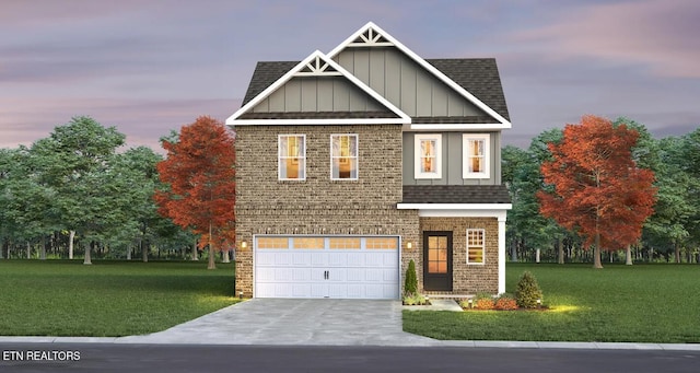 craftsman-style home featuring brick siding, a shingled roof, board and batten siding, a front yard, and driveway