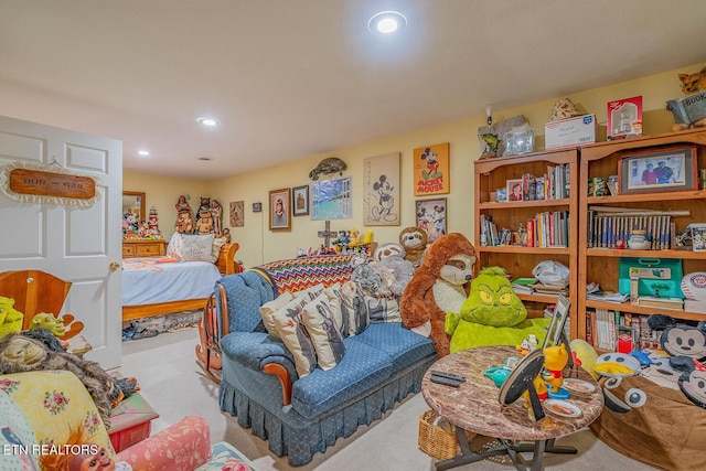 bedroom featuring recessed lighting and light colored carpet