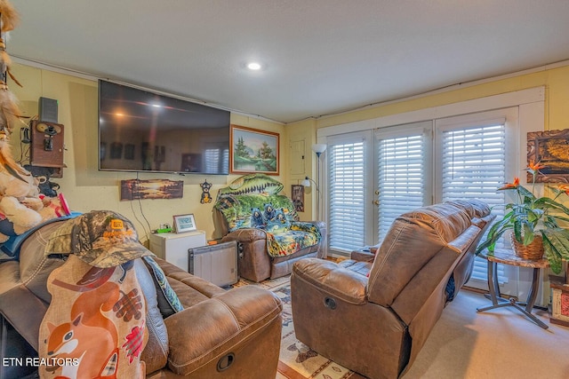 living area featuring light colored carpet