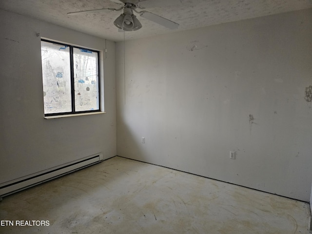 unfurnished room featuring a baseboard radiator, a ceiling fan, and unfinished concrete flooring