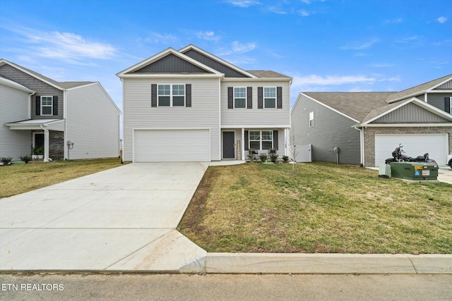 view of front of house featuring a garage, concrete driveway, and a front yard