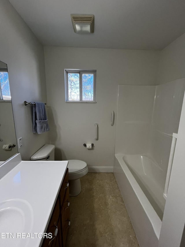 full bathroom with visible vents, plenty of natural light, vanity, and toilet