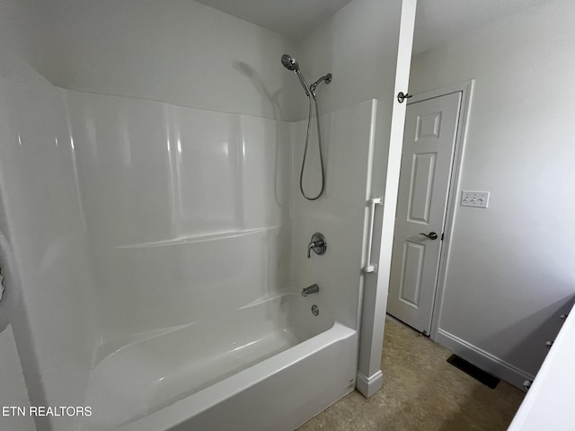 full bath with tub / shower combination, visible vents, and baseboards