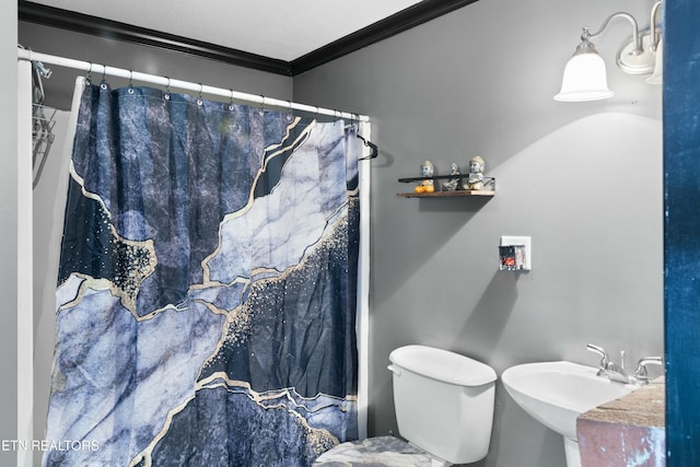 bathroom featuring a sink, toilet, crown molding, and a shower with shower curtain