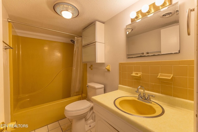 full bathroom with toilet, shower / bath combo, a textured ceiling, vanity, and tile patterned flooring