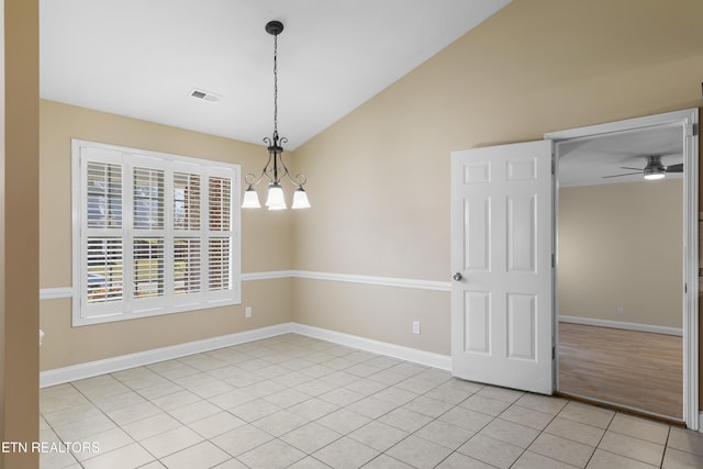 unfurnished room featuring light tile patterned floors, lofted ceiling, visible vents, baseboards, and ceiling fan with notable chandelier