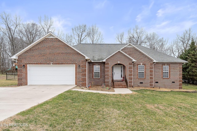 ranch-style home with a garage, crawl space, brick siding, and a front lawn