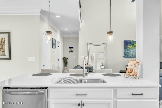 kitchen with dishwasher, crown molding, white cabinetry, and a sink